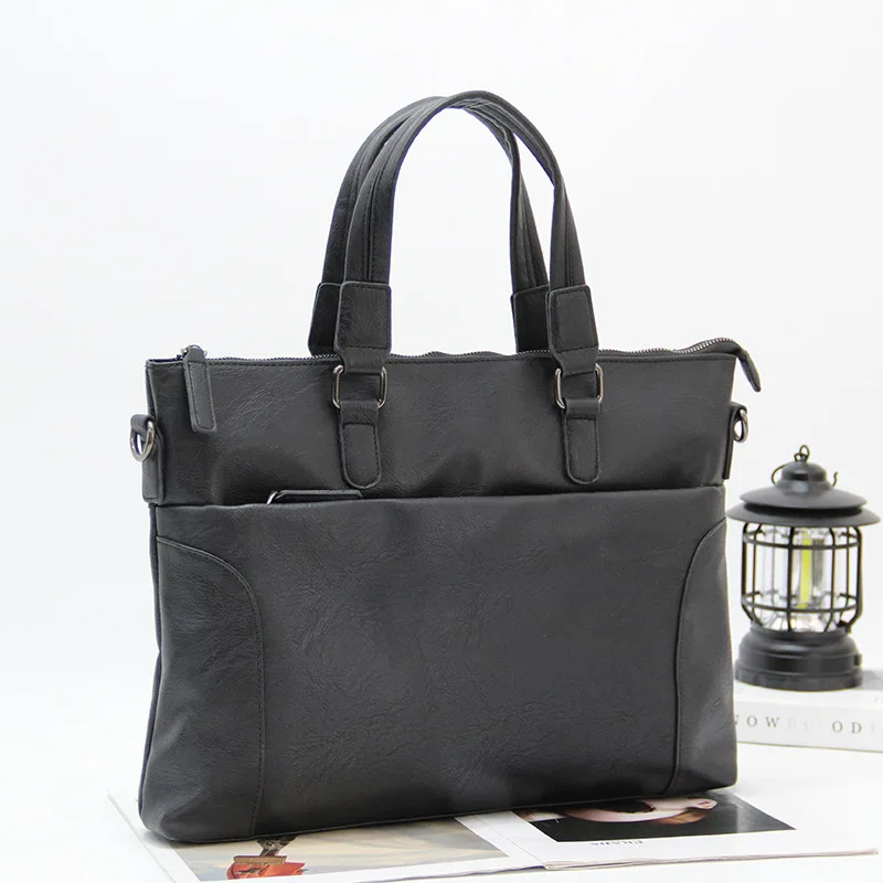 PU leather patchwork simple men's casual handbag, 14.4-inch computer bag, travel business waterproof single shoulder bag