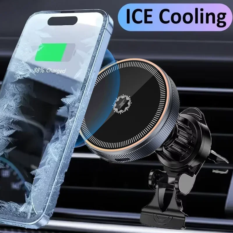 ice Cooling Magnetic Wireless Car Charger for MagSafe iPhone 16 15 14 13 12 Pro Max Night Light Car Phone Holder Fast Charging