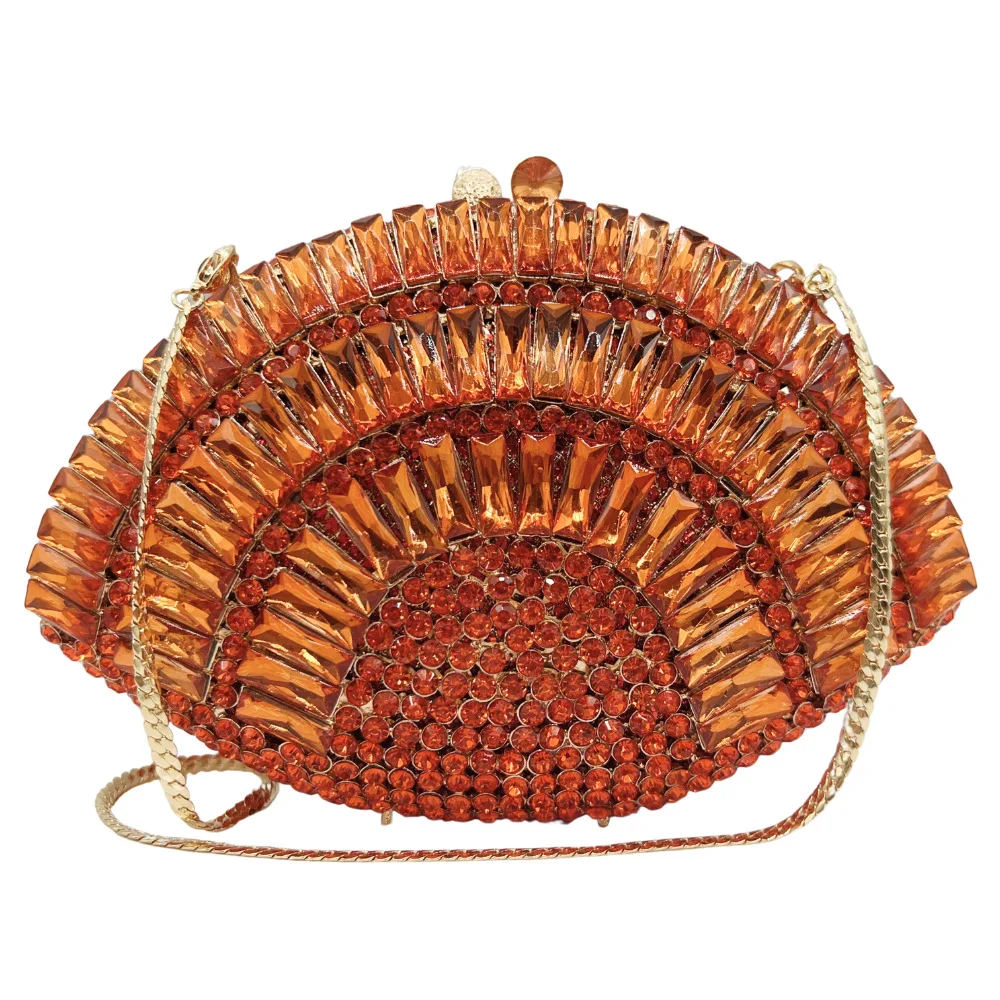 

Orange Glass Rhinestone Evening Bags Clutches Fan Shape Handbags Hollow Out Women’s Diamond Wedding Clutch Dinner Female Purses