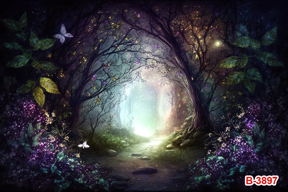 خلفية مشهد حالم لحديثي الولادة ، خلفية المغامرة ، حكاية خرافية ، الغابات والأدغال ، الفراشات ، القمر والليل ، اليراع وأرض العجائب