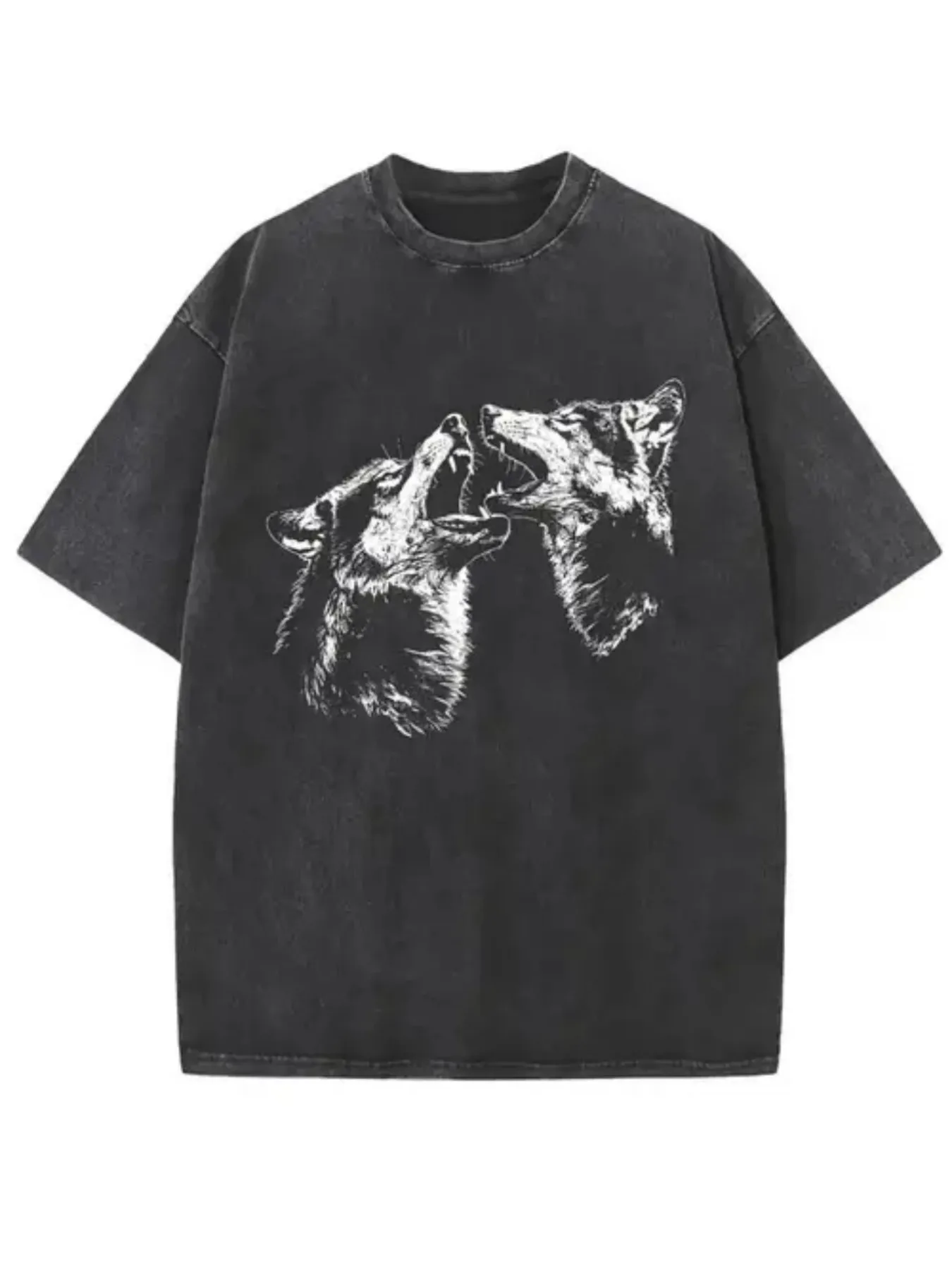 Washable Two-Sided Wolf Head Print T-Shirt, High-Quality Wax-Printed Retro Fashion T-Shirt, Suitable for Summer, Holiday Gifts, 250g, Suitable for Easter, Halloween, Thanksgiving, Etc