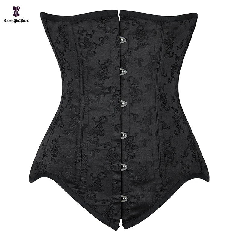 

Front 38.5CM/15.16" Women's Solid Black Brocade Lace Up Waist Training Corset 10 Spiral Steel Boned Body Shaper Plus Size