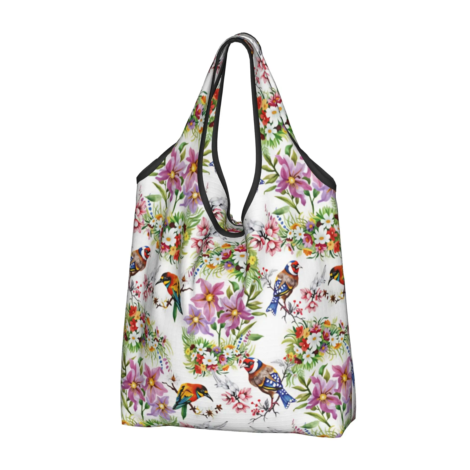Luxury Watercolor Birds And Plant Flowers Groceries Shopping Bags Fashion Shopper Shoulder Tote Bag  Portable  Handbag