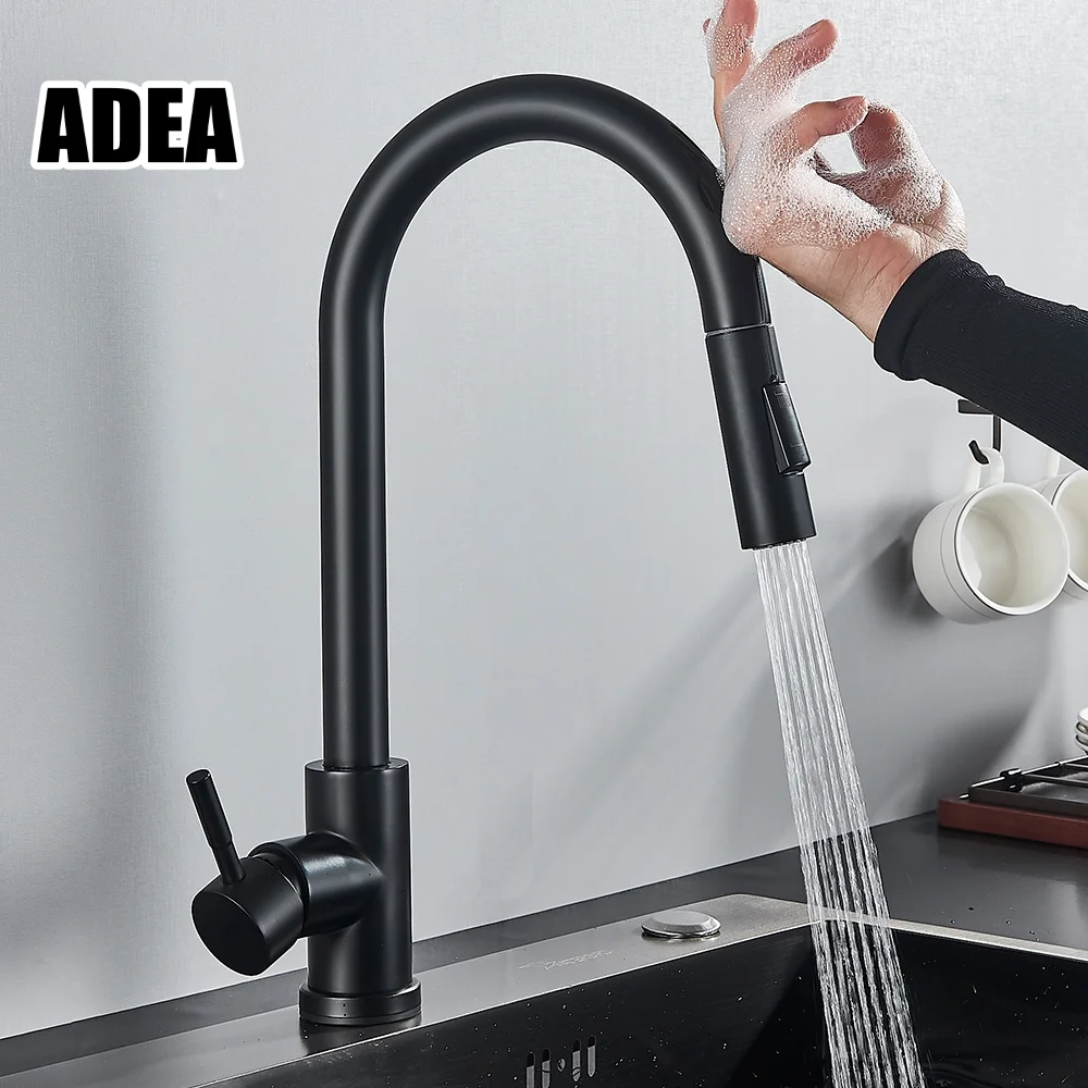

Кухонный смеситель ADEA, черный, с выдвижным изливом, сенсорный, черный/никель, поворот на 360°, кран с двумя выходами, водопроводный смеситель