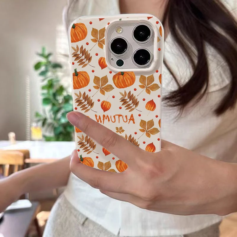 

Retro pumpkin maple leaf Lichee Pattern Phone Case For iPhone 16 15 13 12 14 12 11 Pro Max X XS XR 7 8 Plus 16e shockproof Cover