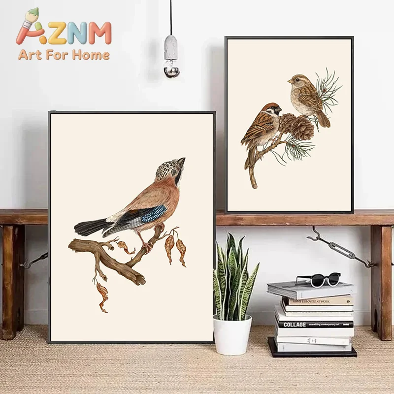 Retro Neutral Animal Garden Snail Goldfinch Mouse on Hawthorn Birds Branches Art Poster Canvas Painting and Prints Home Decor