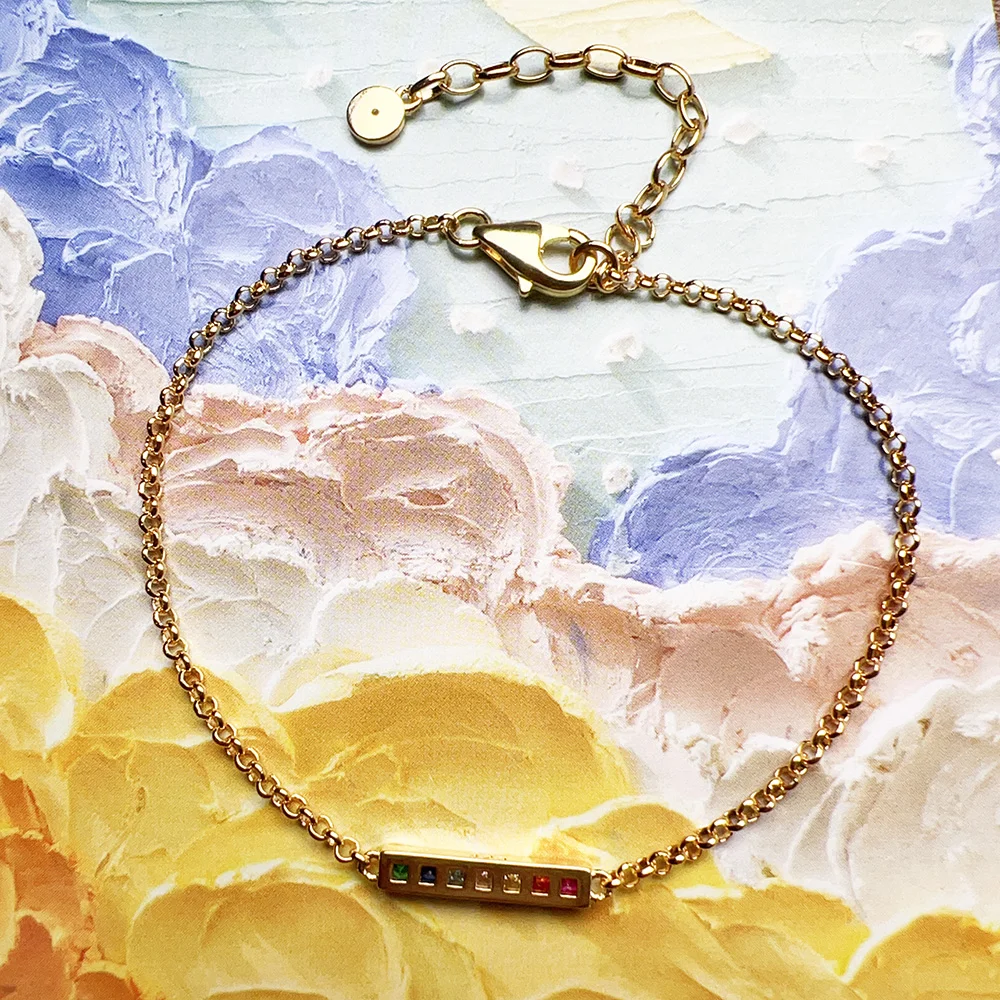 Gold Plated Bracelet Link Chain Colourful Stones 925 Sterling Silver Vintage Jewelry Europe Women Gift