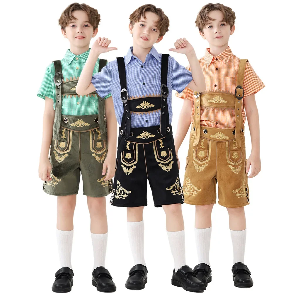 

Short Sleeve Plaid Shirt Suspenders Set Boys Kids Bavarian German Octoberfest Beer Costume Halloween Cosplay