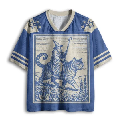 Vintage Wizard Riding Giant Cat Print Men V Neck Mesh Jersey Retro Fantasy Short Sleeve Tee