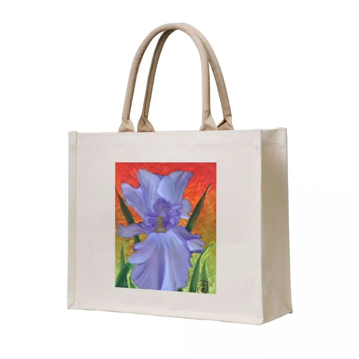 

Rainbow Purple Iris Flower Against Fiery Sunset Colors, Abstract Oil Painting, Colorful Flower, Nature-Inspired,Tote Bag