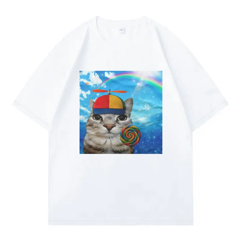 New Arrival Mens Clothes Tee Shirt Homme Graphic T-Shirts Men Tshirt for Men Ropa Hombre Greetings Huzz Silly Cat Meme Printed