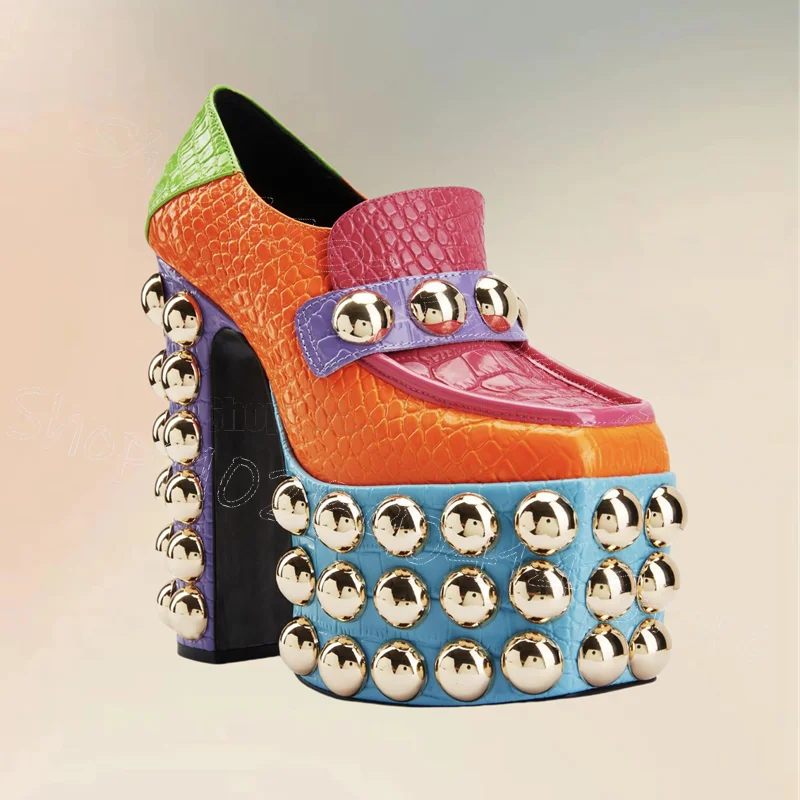 

Colorful Alligator Print Round Rivets Platform Pumps Slip On Women Shoes Chunky High Heel Party Banquet 2025 Zapatos Para Mujere