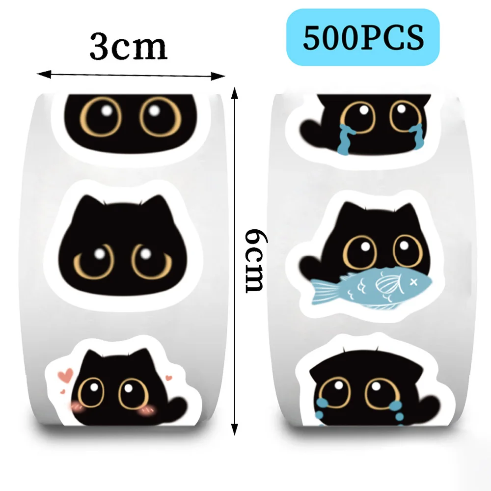 500pcs/Roll Cute Black Cat Cartoon Stickers Kawaii Animal Graffiti Decals DIY Laptop Journal Notebook Sealing Label Sticker Pack