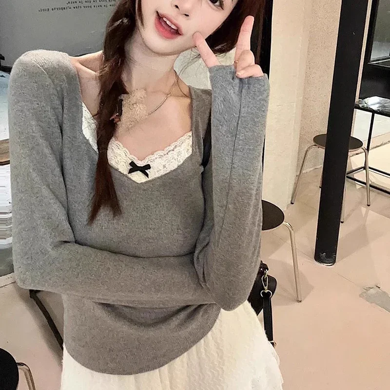 Long Sleeve T Shirt Women Lace Patchwork Warm Sweet Preppy Style Crop Tops Korean Fashion Chic Autumn Winter New Female Tees