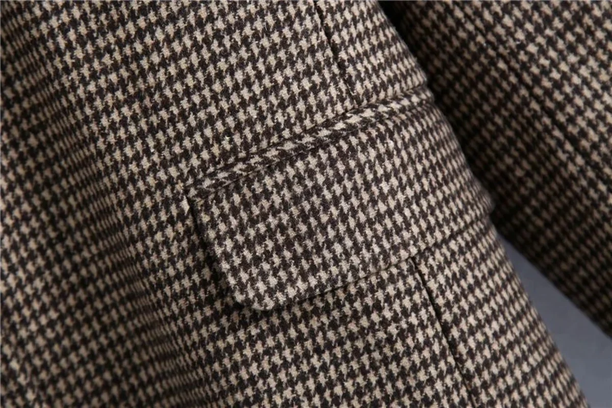 British Style Houndstooth Blazer 2024 Women Vintage Solid Colors Single Breasted Casual Office Blazer Suit Work Formal Clothing