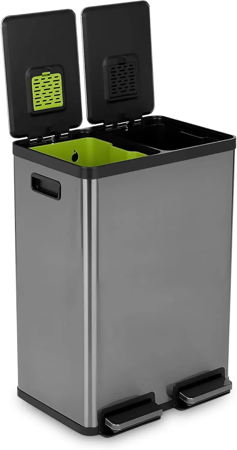 

Elegant Black Dual Compartment Kitchen Trash Can with Slow-Close Lid, Odor Control, and Hands-Free Pedal