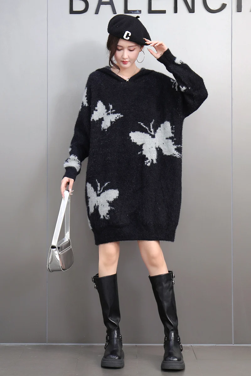 2024 Winter New Elegant Hooded Butterfly Sweater Loose Long Sleeve Knitted Warm Sweater J614