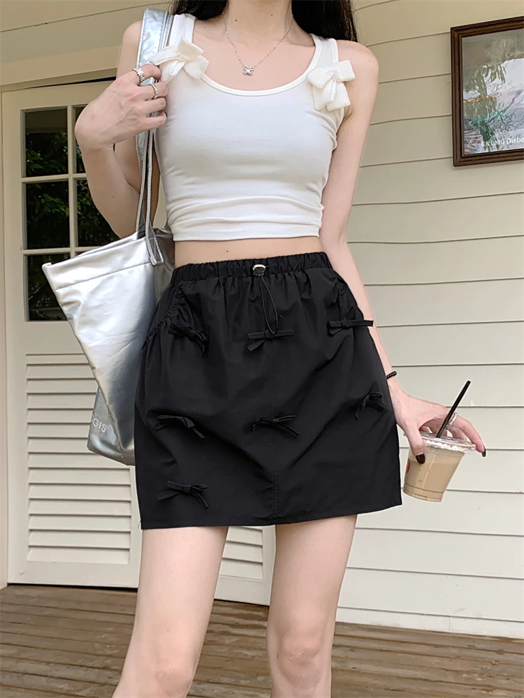 

Bow design and floral half skirt for women's versatile American elastic waist A-line short skirt