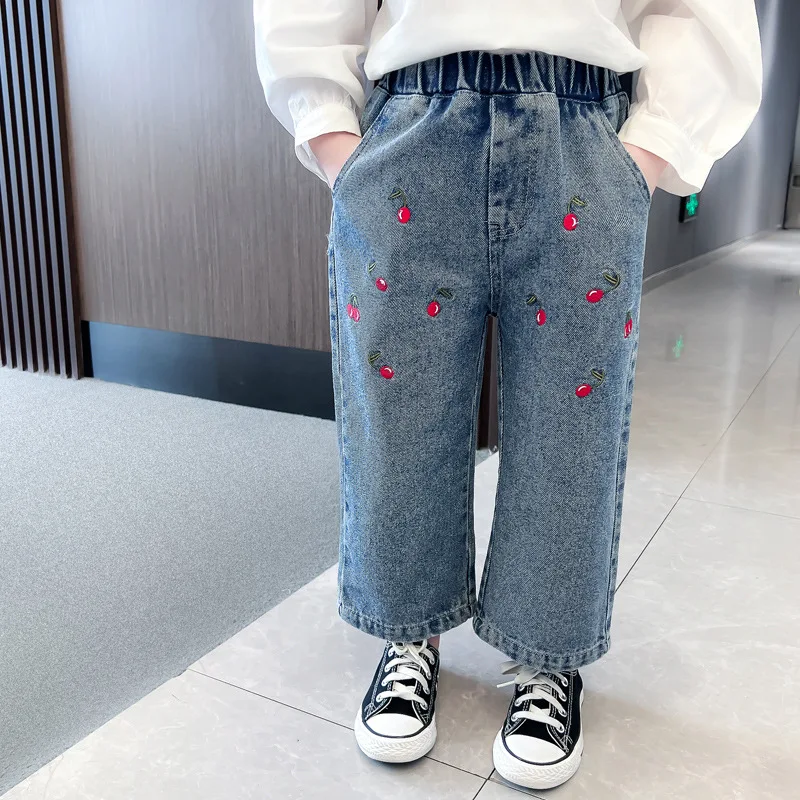 Spring Autumn Children Girl Denim Pants Straight Patched Elastic Waist Student Girls Pants Solid Color Pockets Kid Girl Trousers