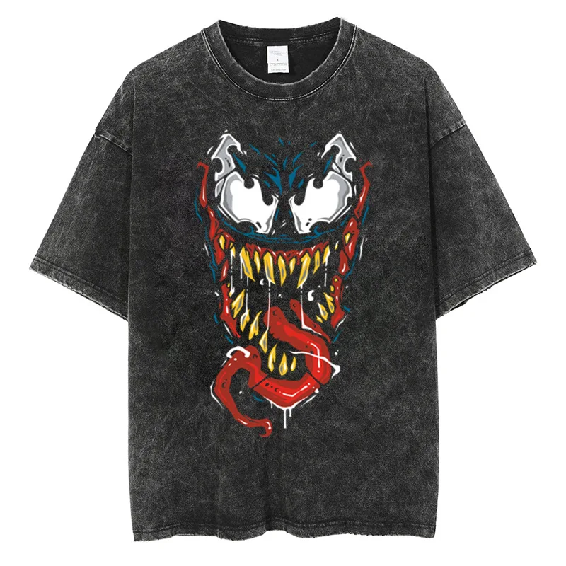 

2025 New Marvel Venom Pure Cotton Retro Washed Round Neck T-shirt Street College Style Y2K Harajuku Hip-hop Style Unisex