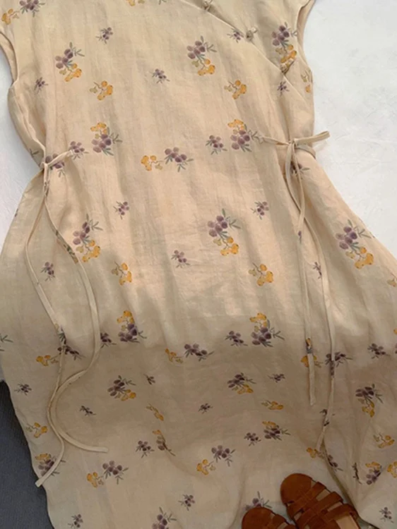 

New 2025 Chinese Style High End Refinement Cotton Linen Floral Print Women's Dress Pear Shape Body Summer Long Dress