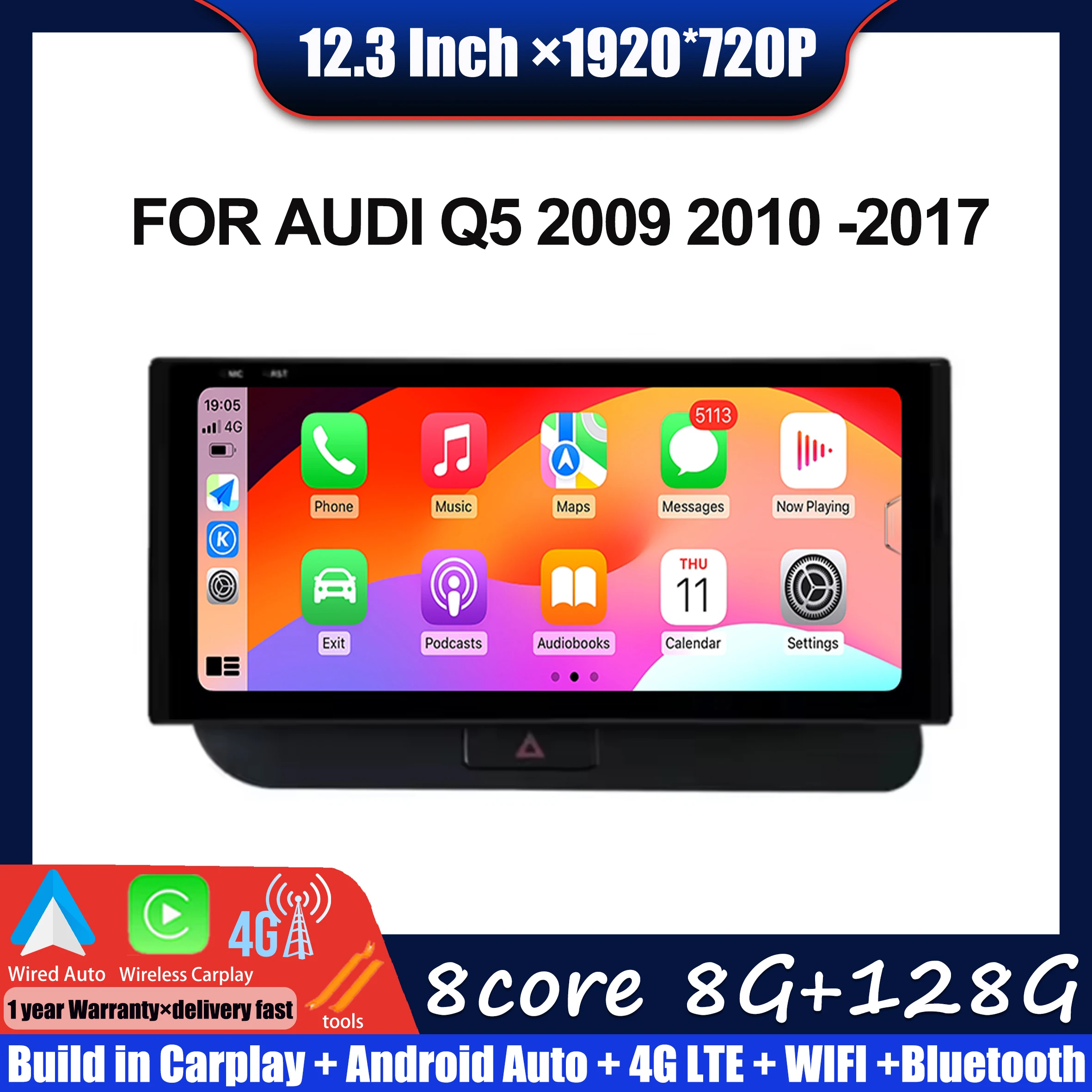 

FOR AUDI Q5 2009-2017 WIFI 4G 12.3 " Android 14 Car Radio Stereo Split Screen GPS Navi Multimedia Carplay Auto 360 Camera Tools