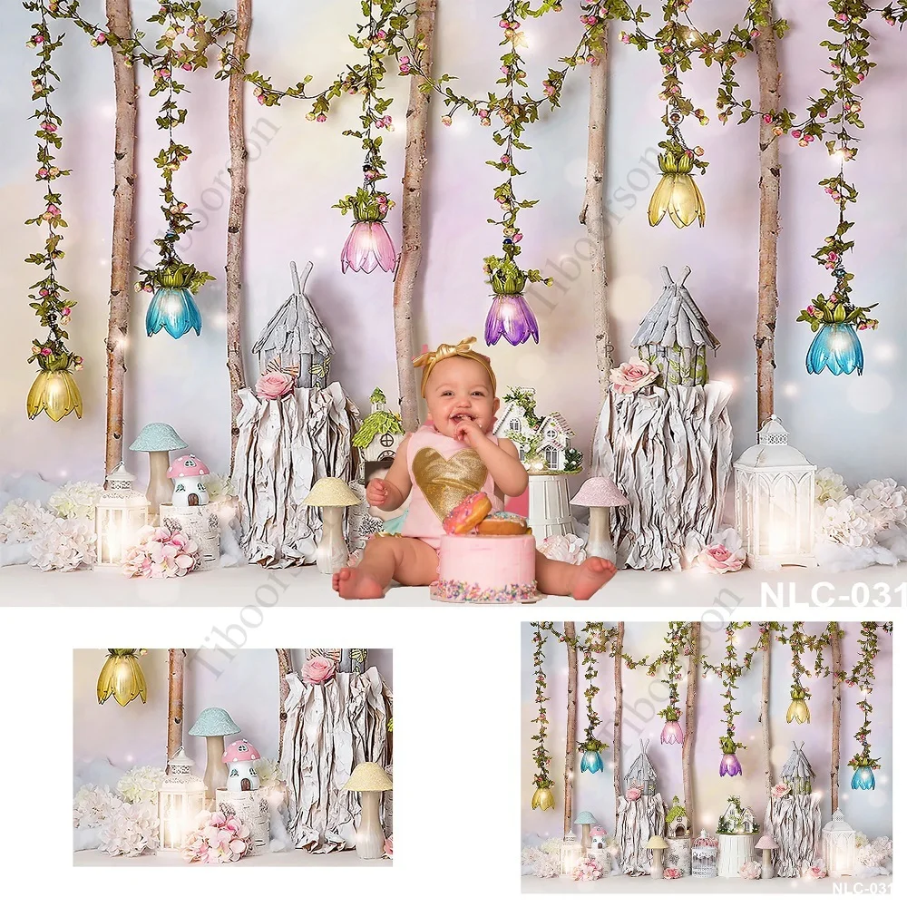 

Photo Backdrop Flowers Green Grass Trees Color Glass Lamp Ornament Photography Background Children Birthday Decoration Wallpaper