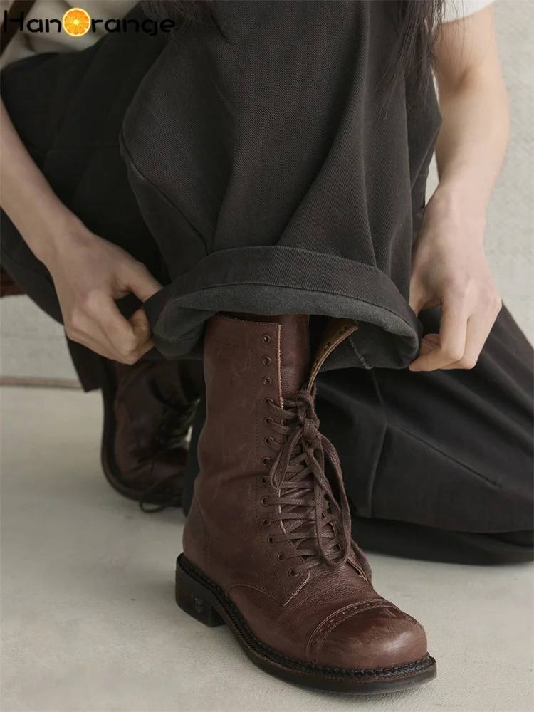 HanOrange 2025 الشتاء الرجعية الصوف الكربون المصقول القطن منحني سكين الكاحل طول السراويل النساء فضفاضة سميكة بنطلون