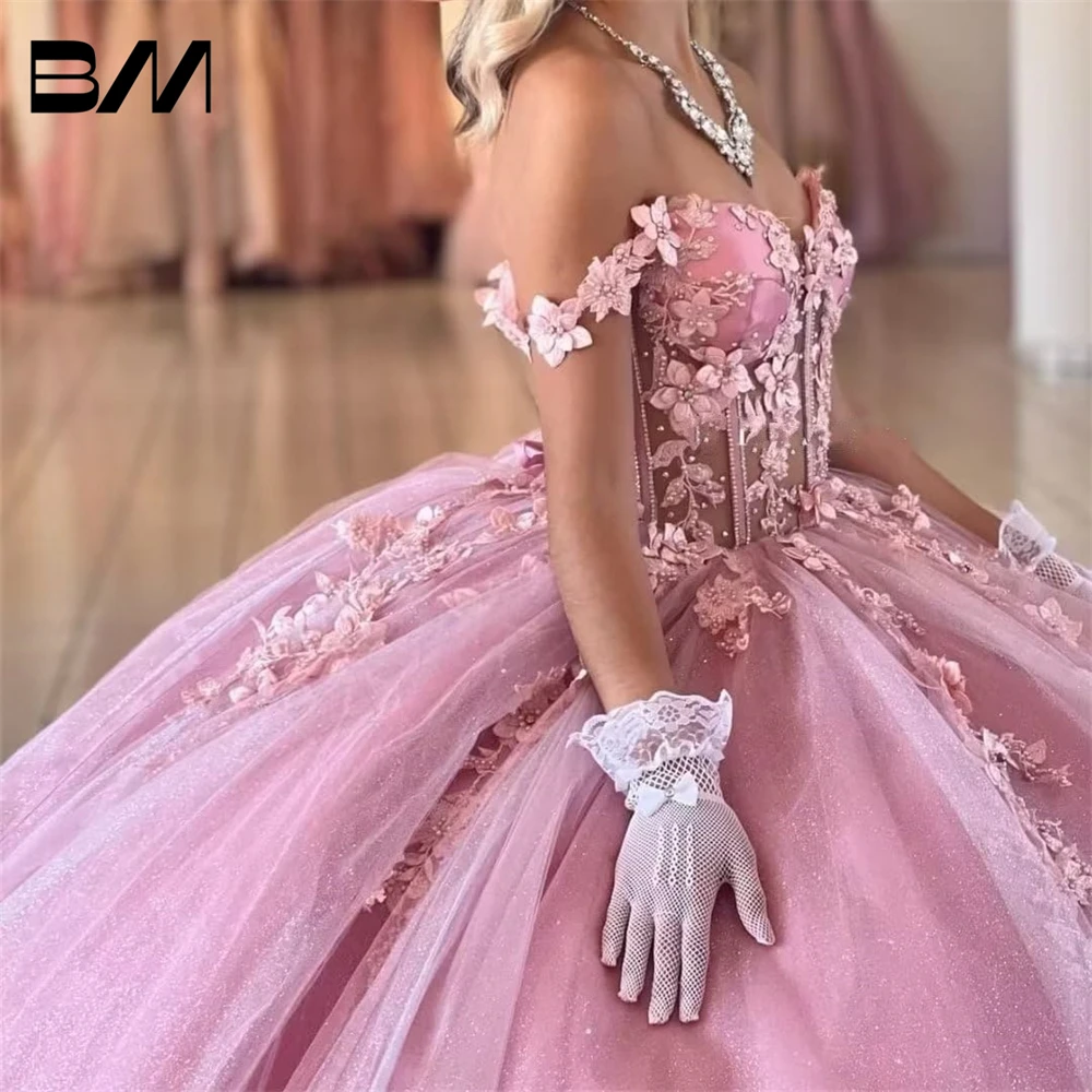 Off Shoulder Quinceanera Dresses Ball Gown 3D Floral Sweet 16 Dresses Luxury Tulle Prom Dresses Long Vestidos De Baile Ball Gown