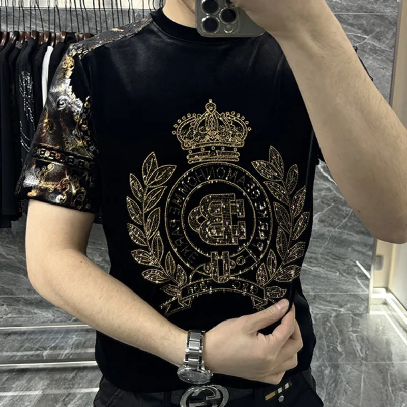 2023 European New Men\'s Luxury Short Sleeve T-shirt Fashion Hot Diamond Personalized Flower Casual Round Neck Slim Fit T-shirt