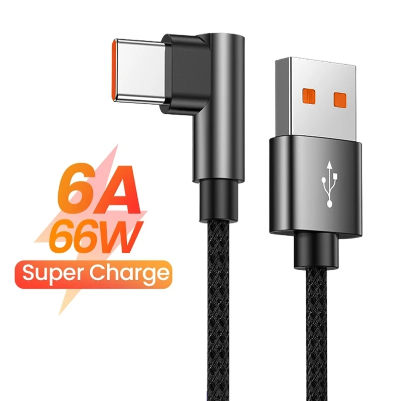 6A 66W Type C USB Fast Charging Cable for Huawei Xiaomi 14 Redmi Honor OPPO Realme POCO 90 Degree Elbow Charger Cable for Gaming