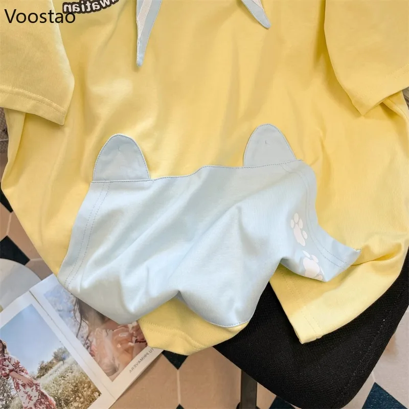 اليابانية Kawaii لوليتا نمط تي شيرت المرأة الحلو الكرتون القط طباعة بحار طوق بلوزات فضفاضة الصيف الفتيات Y2k جماليات تيز