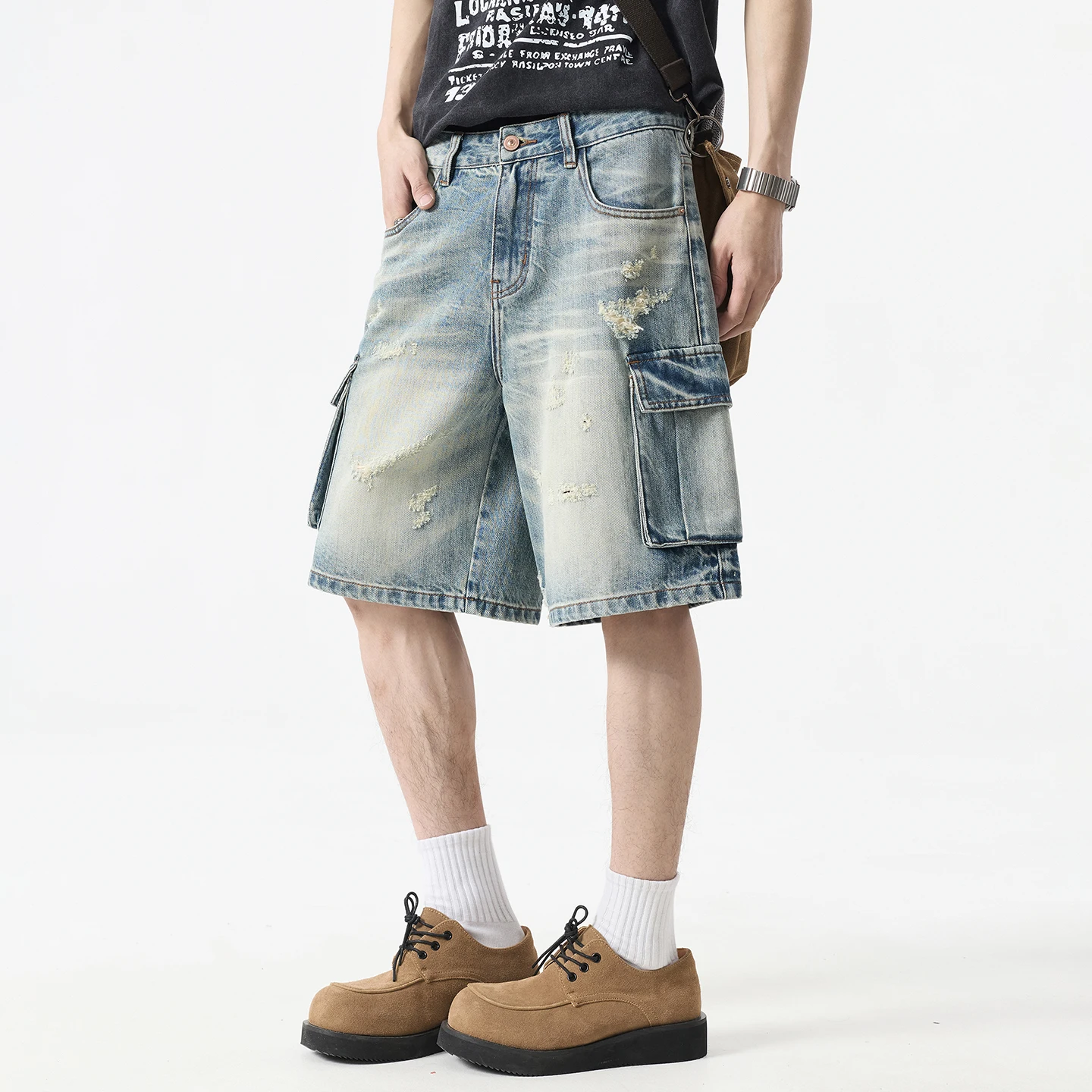 

Men Summer Streetwear Fashion Multi-pocket Loose Casual Ripped Shorts Jeans Plus Size Washed Denim Cargo Shorts Jeans Pants