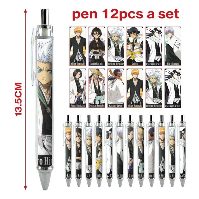 12PCS Kurosaki Ichigo Ishida Uryuu Urahara Kisuke Ginjou Kuugo Popular Anime Peripheral Ballpoint Pen Set Printed Stationery