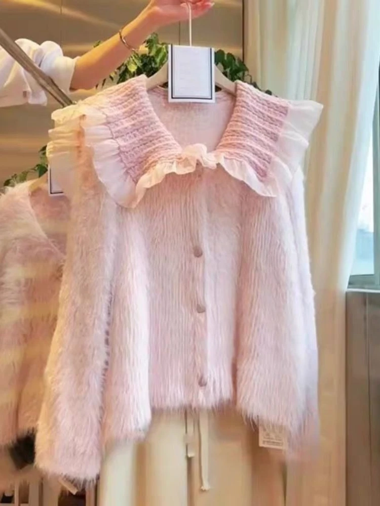 

Свободный меховой кардиган, женская куртка с кукольным воротником, лоскутная накидка, свитер 2000-х годов, винтажная верхняя одежда, шикарные женские футболки в стиле Харадзюку с длинными рукавами