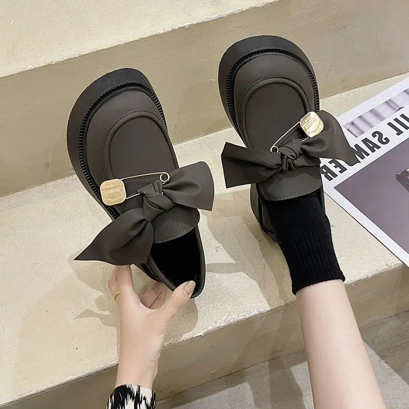 SHANPA British Style Little Leather Shoes Bow Tie Design Kawaii Womens Casual Shoes Slip on Thick Bottom Middle Heel Shoes