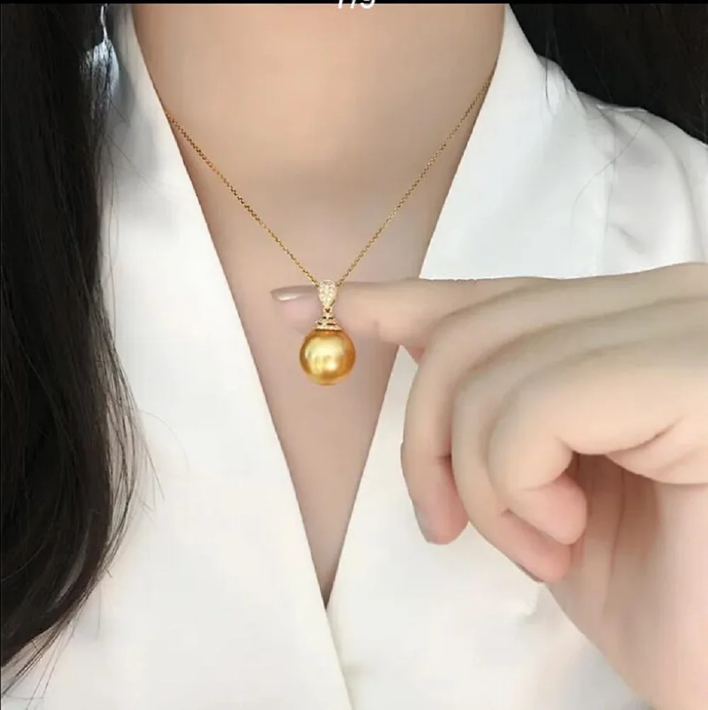 AAA+ 12-13mm Authentic s925 Silver Diamond Charm Rich Gold Sea Pearl earring set Pendant Necklace gift box