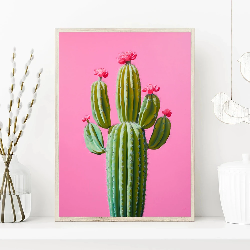 Abstract Colorful Cactus Flower Vase Still Life Canvas Painting, Modern Poster Print, Wall Art Botanical Living Room Home Decor