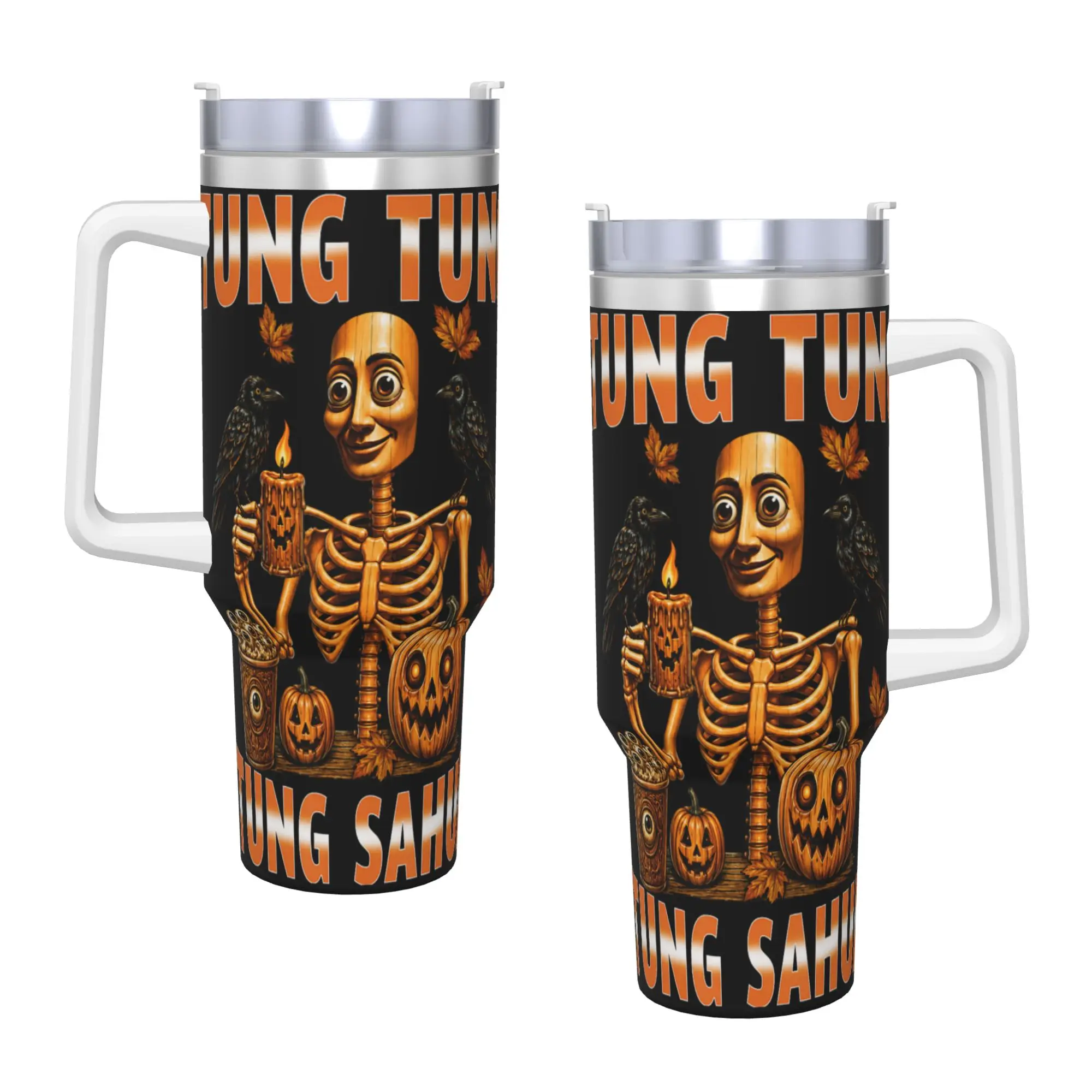 Vintage Halloween Skeleton Tung Tung Sahur Pumpkin Stainless Steel Tumbler Travel Car Mugs Large Capacity Coffee Mug