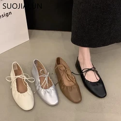 SUOJIALUN 2024 Autumn Women Flat Shoes Fashion Round Toe Shallow Slip On Mary Jane Shoes Soft Flat Heel Outdoor Dress Boat Shoes