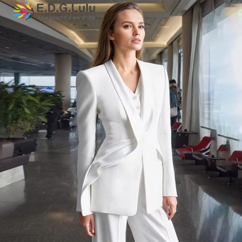 

EDGLuLu Korean Spring Autumn White Suit Jacket Women's 2024 New Long Sleeve Fashion Irregular Temperament Blazer Ladies Coat0830