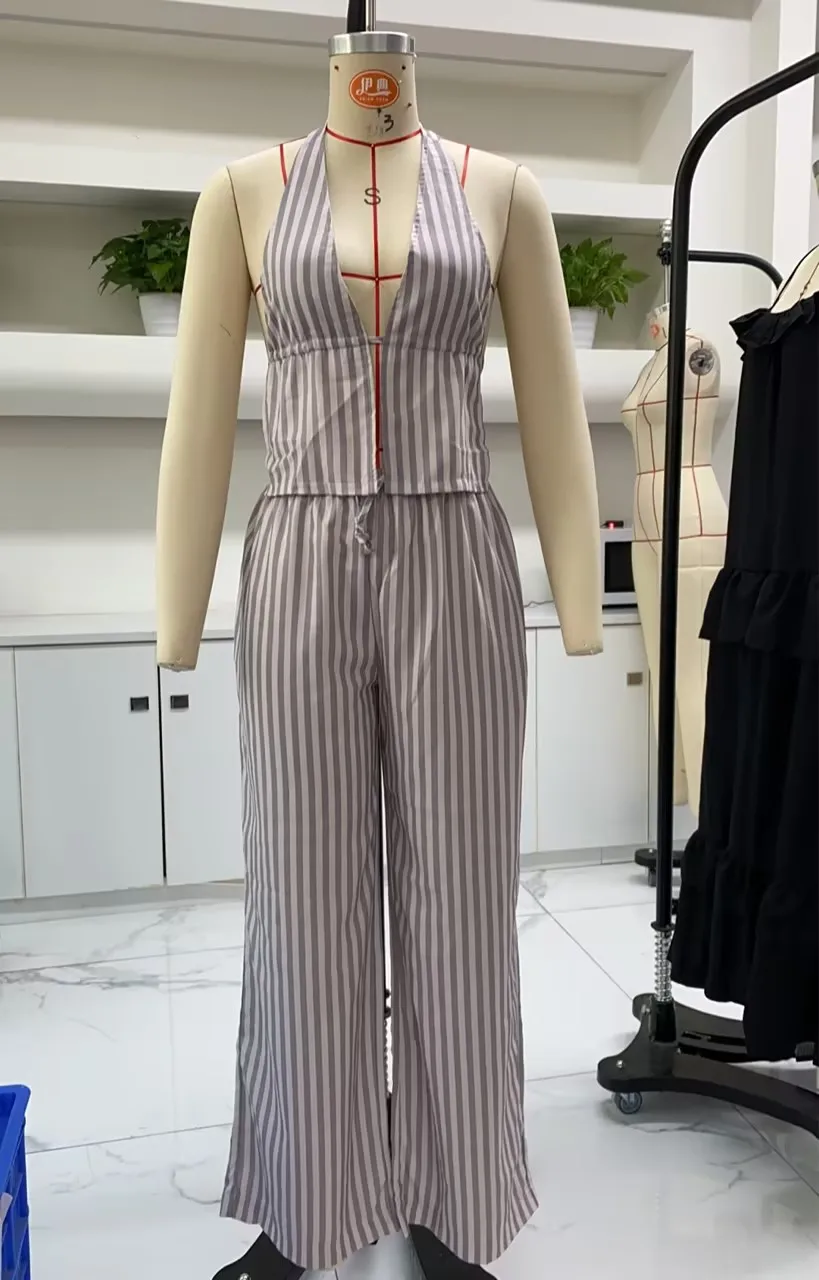 

Женские летние брюки, наряды с лямкой на шее, топы на бретельках без рукавов и открытой спины, повседневные широкие брюки, комплект одежды из двух предметов в полоску