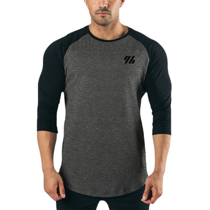 Men\'s Three Quarter Sleeves Cotton Slim Fit Shirts Fashion Color Contrast Sportswear Gym Bodybuilding Fitness Workout T-Shirts