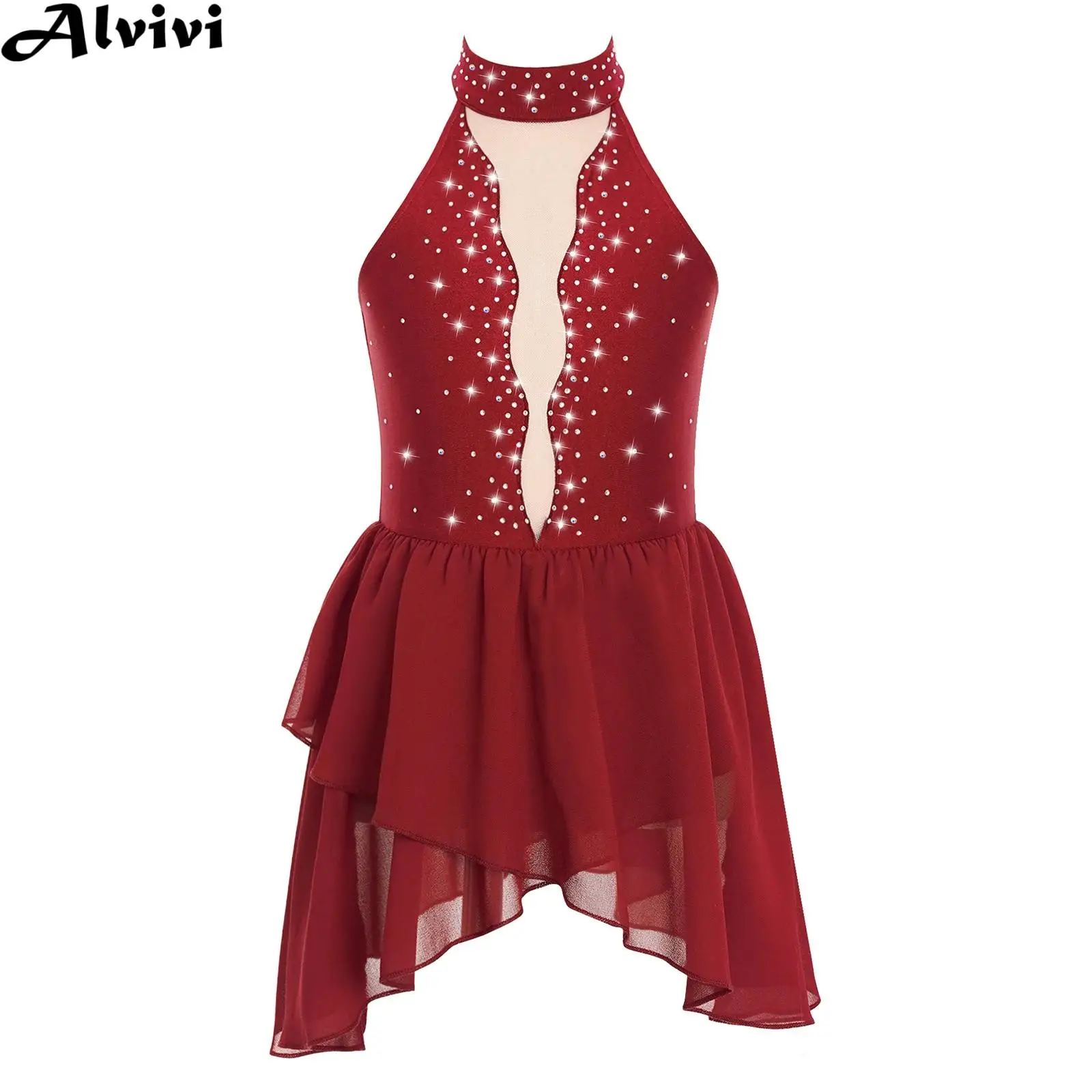 Girls Figure Skating Dress Lyrical Dance Ballet Gymnastics Performance Dancewear Sleeveless Rhinestone Mesh Leotard Dresses