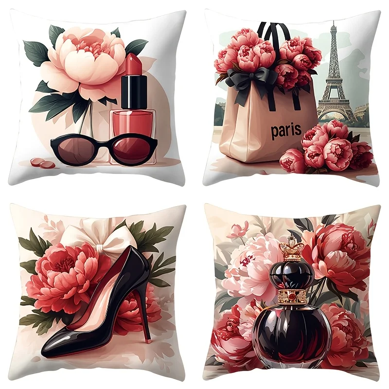 4 piezas, Funda  Cojín Bohemio, Perfume, Gafas  Moda, Patrón  Rosas 40.64 X 40.64 cm, 45.72 x 45.72 cm, 50.8 x 50.8 cm, Ad