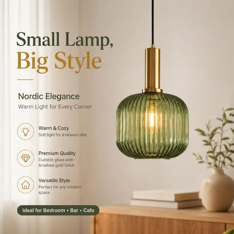 Modern Green Glass Pendant Light E27 Ribbed Shade Adjustable Cord for Dining Room Cafe Bedroom Bedside Home Decor Pendant Light