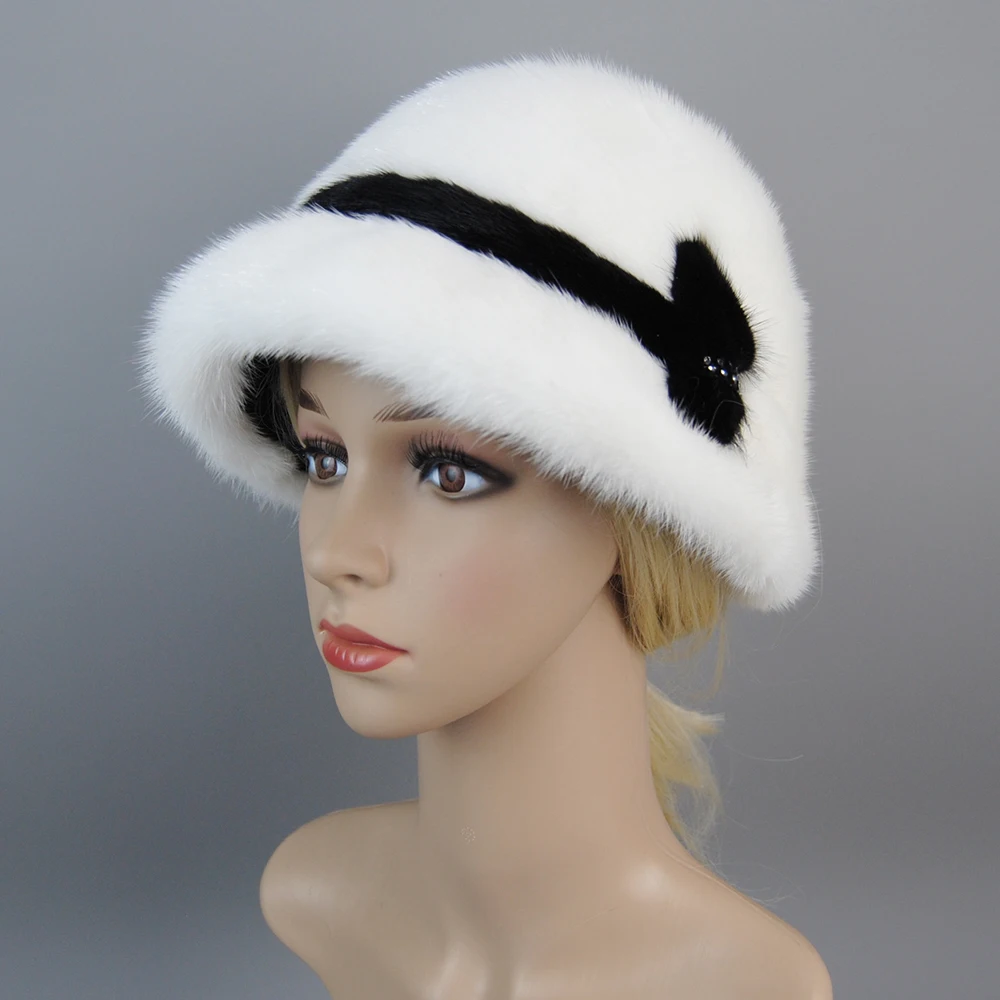 New Russian Girl Soft Knitting Real Fur Bucket Hats Woman Hat Winter Solid Mink Caps With Fashion arrow Natural Mink Fur Hats