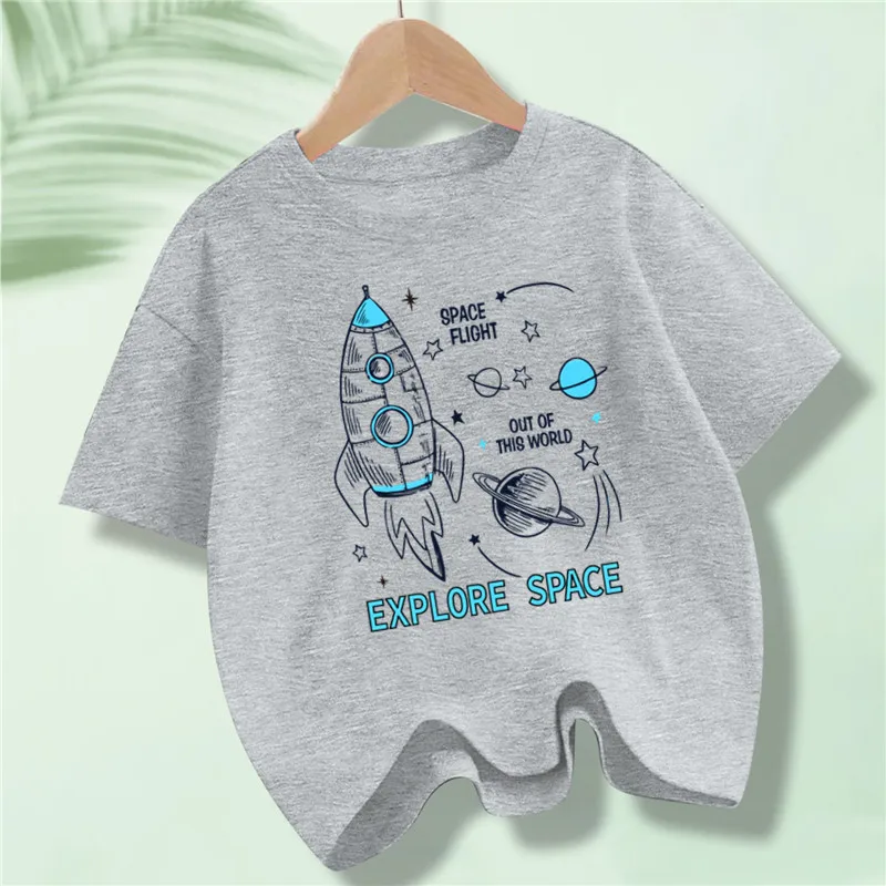 New Arrival Cartoon Space Rockets Boys Girls T Shirts Summer Short Sleeve Children\'s Clothes Kids Tees Tops
