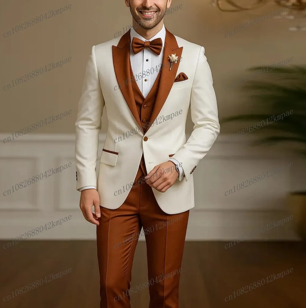 

Белый и темно-оранжевый деловой мужской костюм для жениха, жениха, свадебной вечеринки, выпускного вечера, деловые мужские смокинги, комплект из 3 предметов, пиджак, жилет, брюки