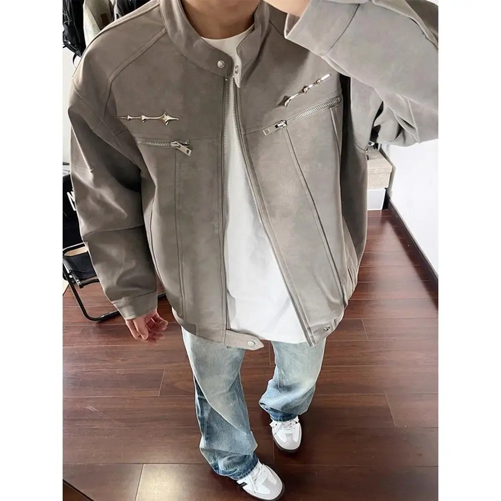 

ay American High Street Motorcycle Jaet Men's Autumn Faionable Flight Jaet Loose Fit Polyester Long Sve Pure Color